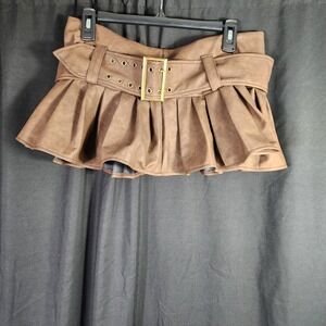 Brown Faux Leather Pleated Belted Mini Skort Women's Size M 6 BOHO‎